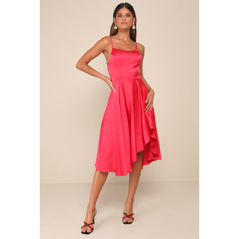 Lulus Days Like Today Magenta Satin Asymmetrical Tie-back Midi Dress Pink Sz S